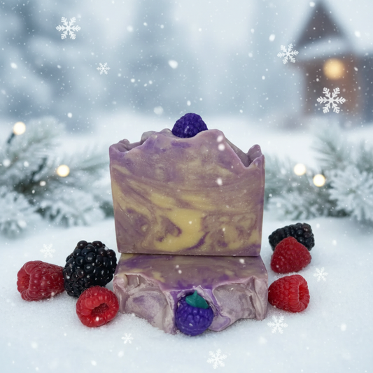 Black Raspberry Vanilla Swirl Soap with Winter Background