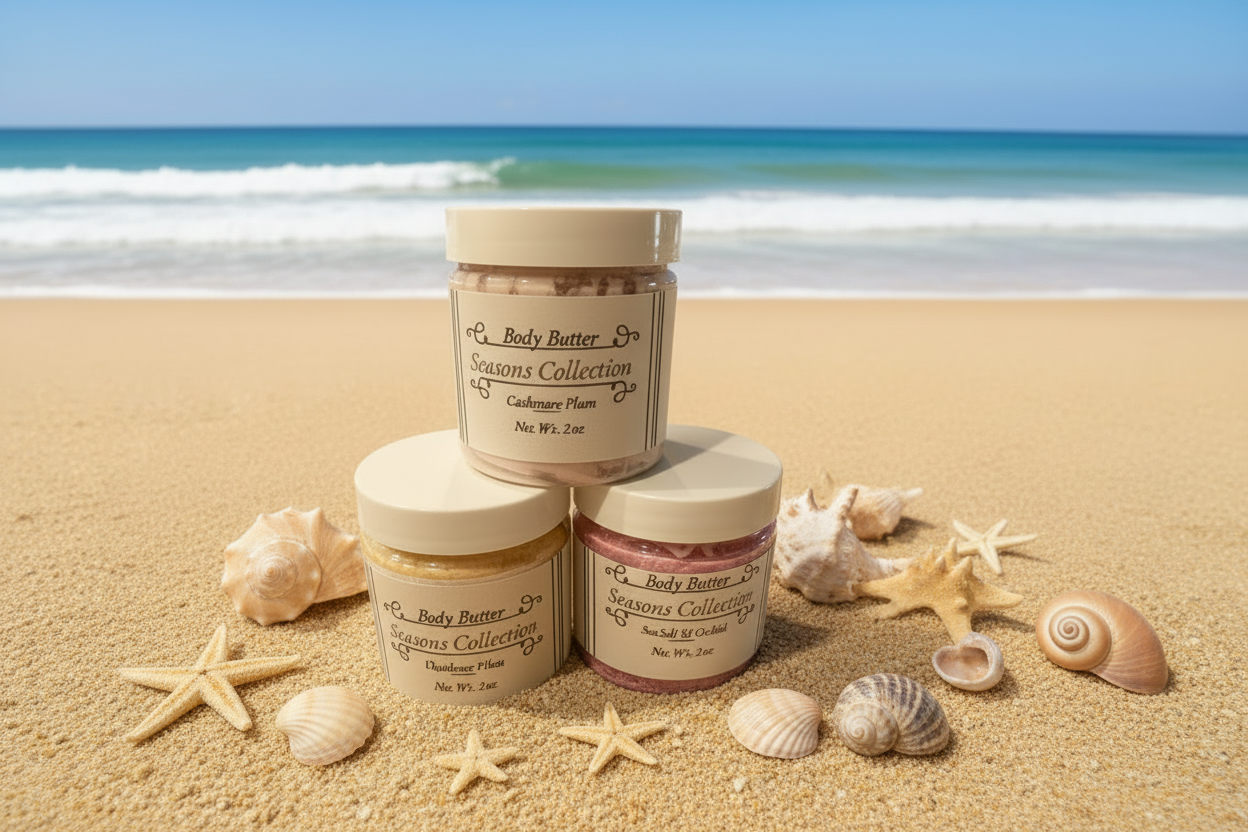 Seasons Body Butter on Blue Winter Snowflake Background