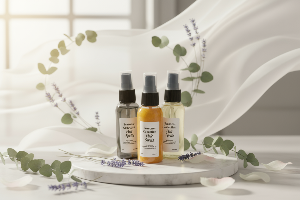 Spa-style hair spritz with botanical background